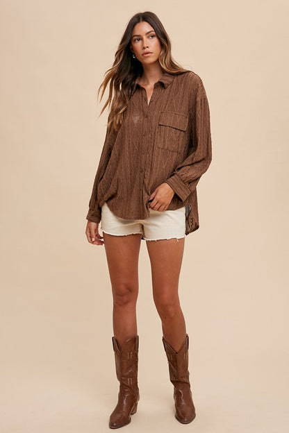 Annie Wear Openwork Button Down Drop Shoulder Shirt