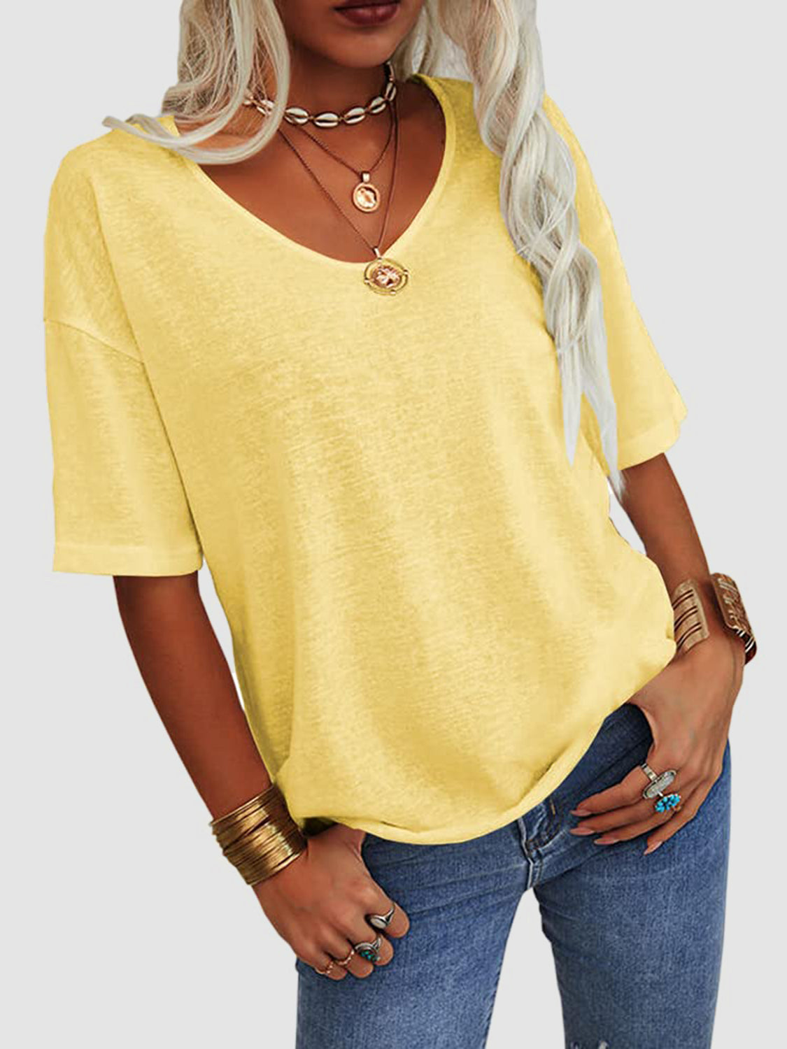 V-Neck Dropped Shoulder Half Sleeve T-Shirt