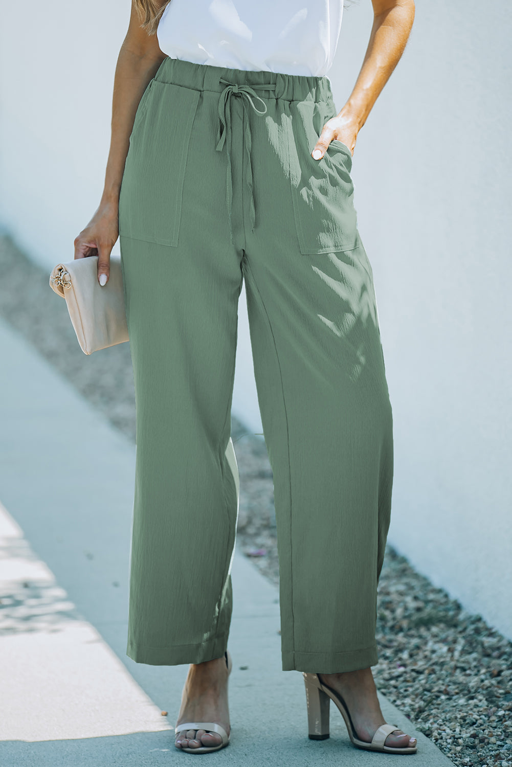 Drawstring Waist Crinkled Wide Leg Pants