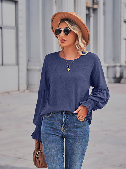 Round Neck Flounce Sleeve Blouse