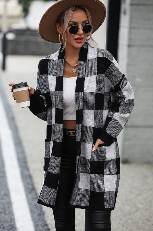 Plaid Dropped Shoulder Cardigan with Pocket