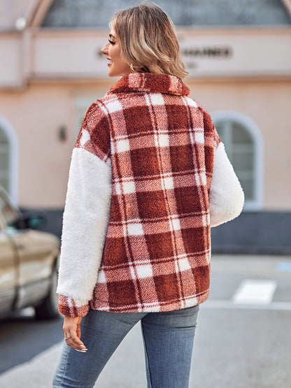 Plaid Dropped Shoulder Teddy Jacket