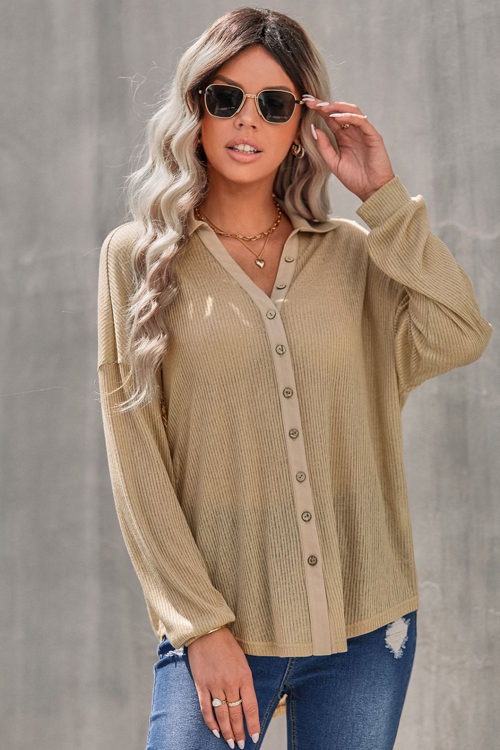 Button Front Dropped Shoulder Knit Shirt