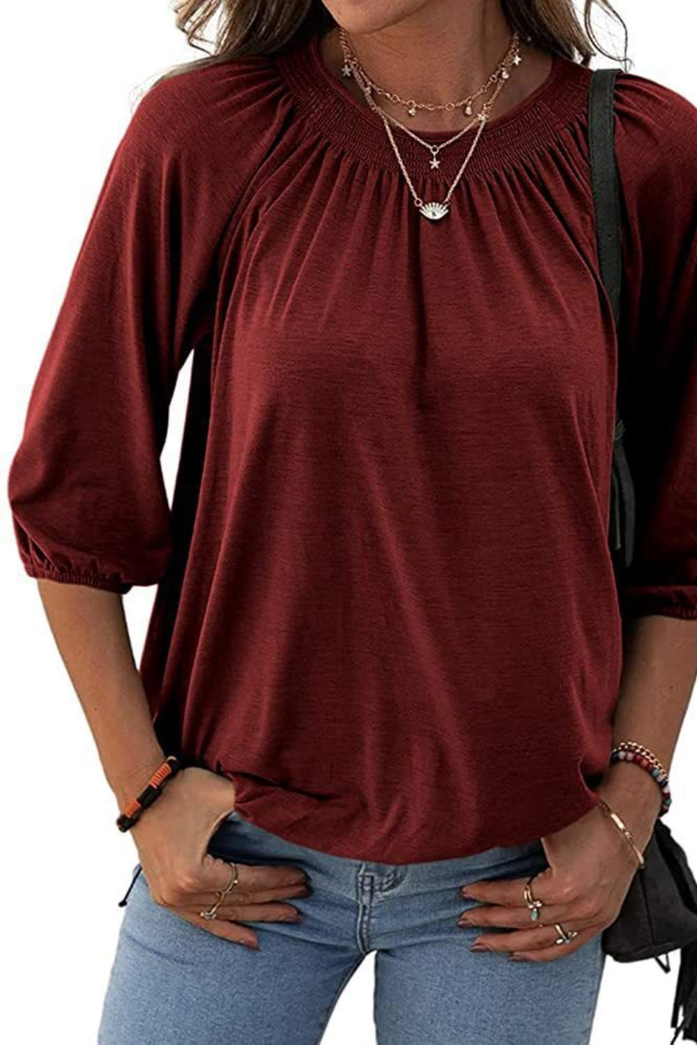 Gathered Detail Round Neck T-Shirt