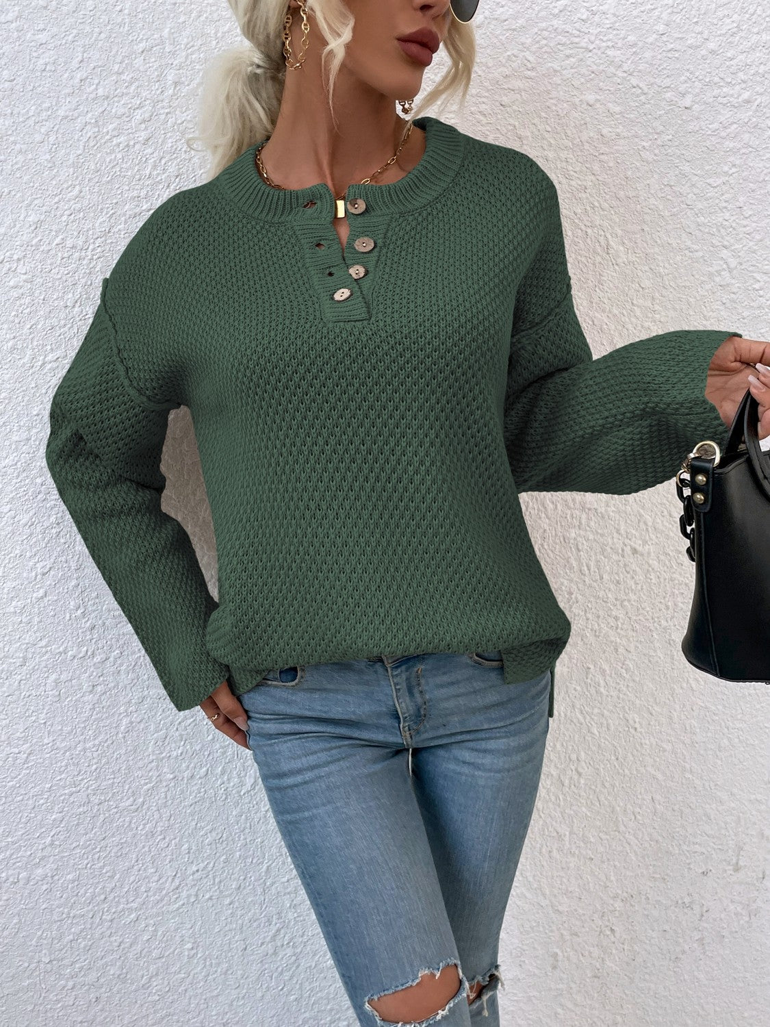 Quarter-Button Slit Sweater