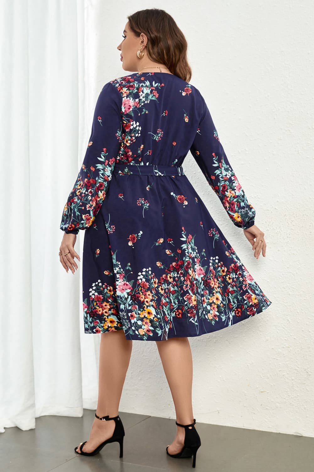 Melo Apparel Plus Size Floral Tie Waist Long Sleeve Dress