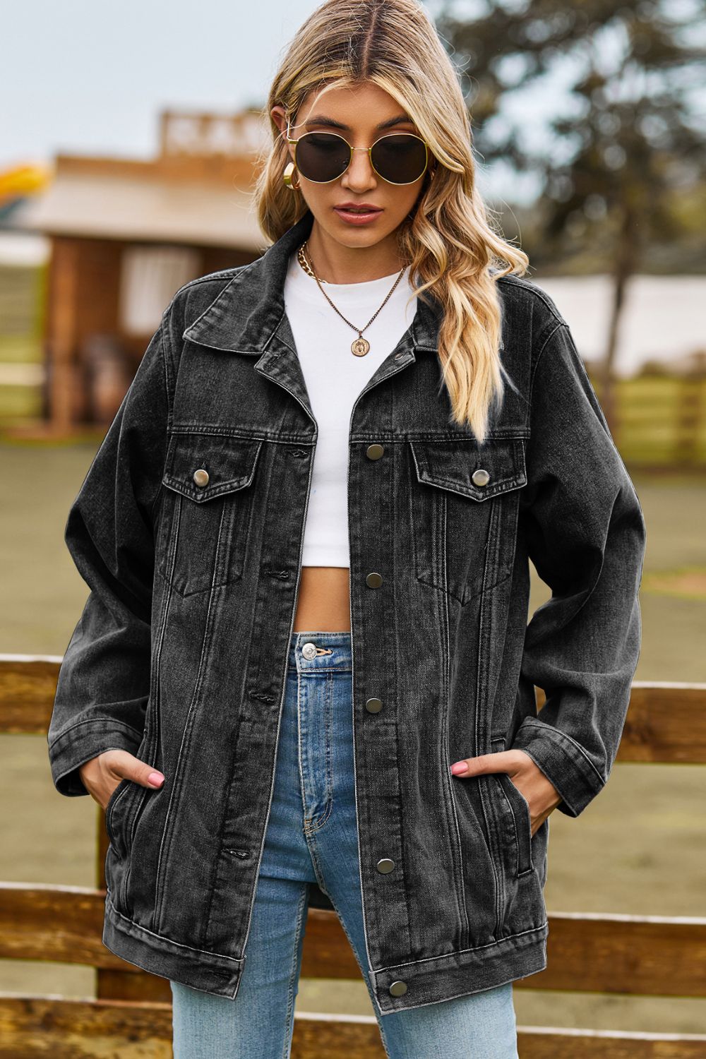 Buttoned Collared Neck Denim Jacket with Pockets