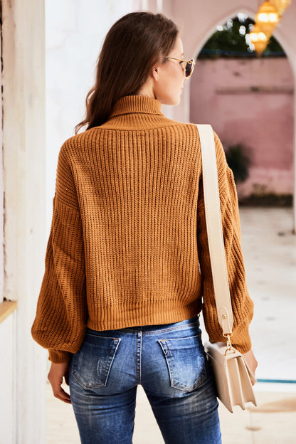 Woven Right Turtleneck Dropped Shoulder Rib-Knit Sweater