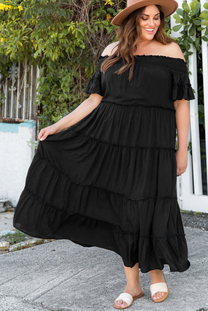 Plus Size Off-Shoulder Raffle Trim Maxi Dress