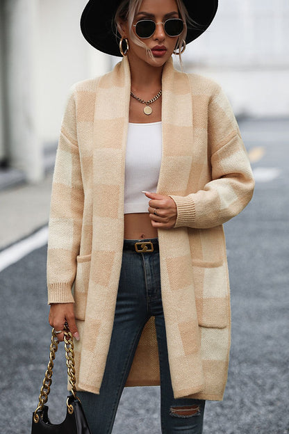 Plaid Dropped Shoulder Cardigan with Pocket