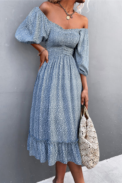 Printed Off-Shoulder Ruffle Hem Midi Dress