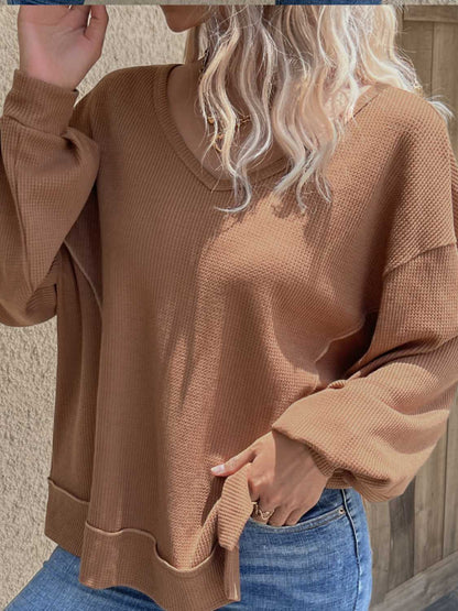 V-Neck Waffle-Knit Slit Top