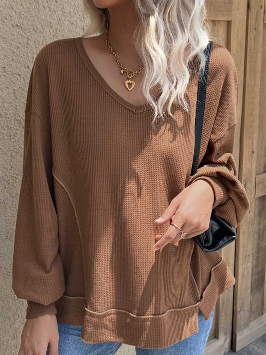 V-Neck Waffle-Knit Slit Top