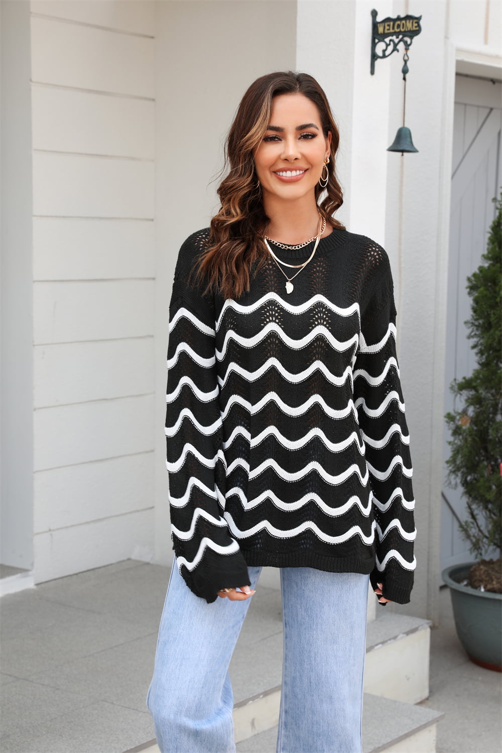 Wave Pattern Round Neck Long Sleeve Sweater