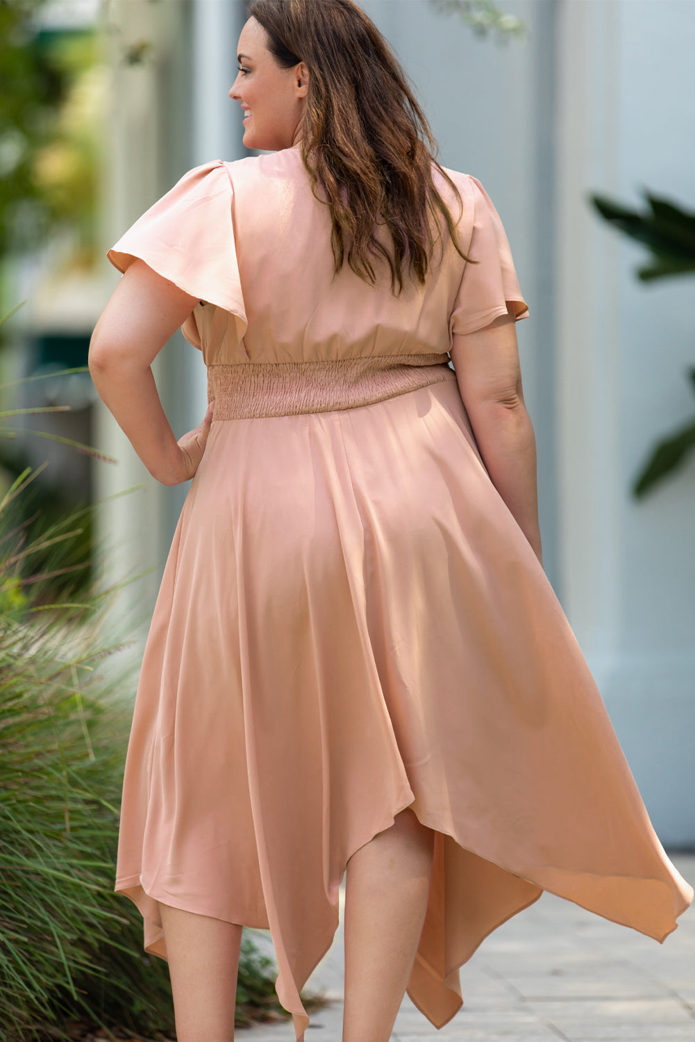 Plus Size Wide Waistband Surplice Neck Flutter Sleeve Midi Dress