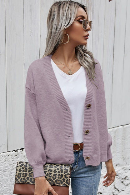 V-Neck Button-Down Dropped Shoulder Cardigan