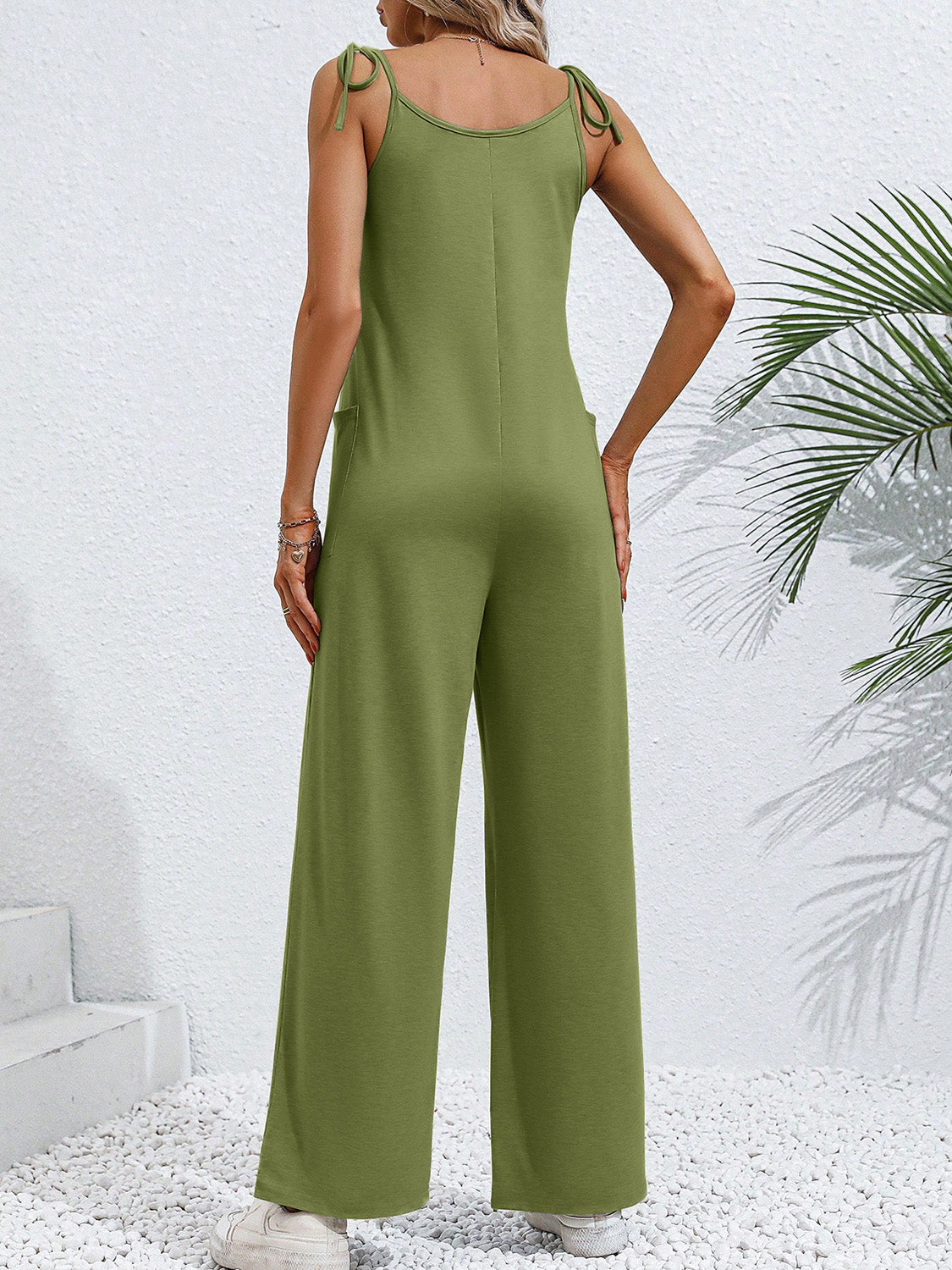 Tie-Shoulder Wide Leg Jumpsuit with Pockets