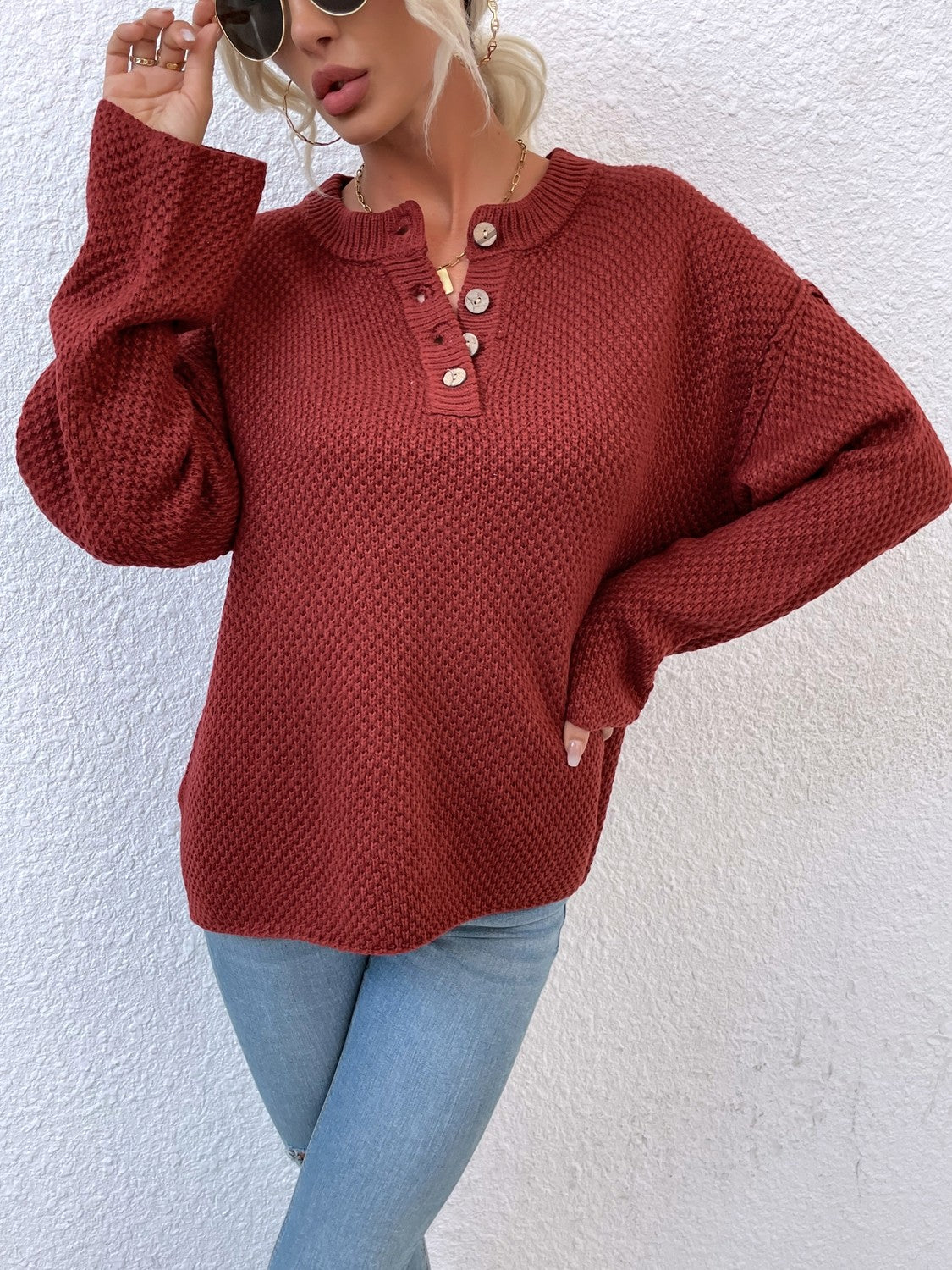 Quarter-Button Slit Sweater