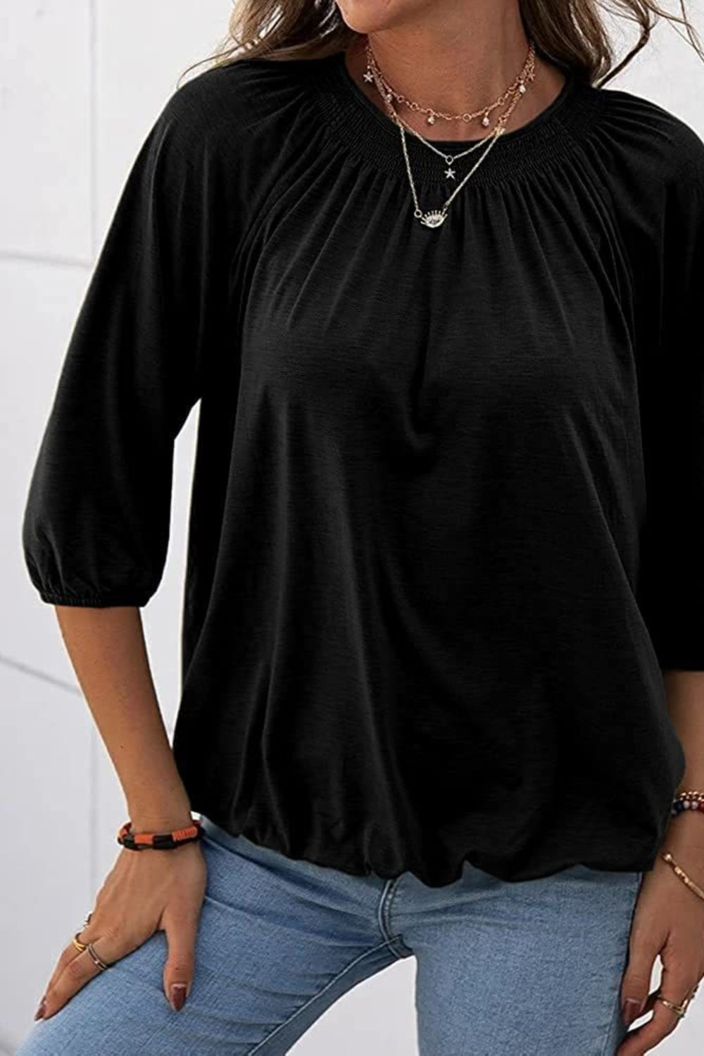 Gathered Detail Round Neck T-Shirt