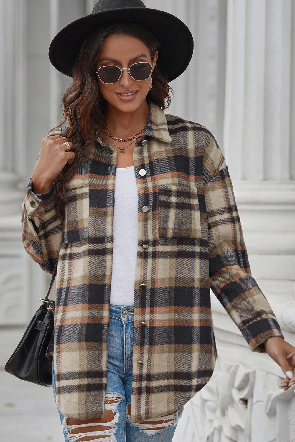 Plaid Curved Hem Dropped Shoulder Longline Shirt Jacket